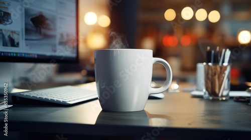 coffee in a mug on a busy work desk
