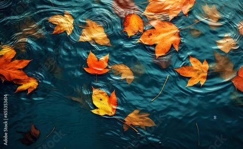 Colorful fall leaves in pond lake water, floating autumn wet leaf. Fall season leaves in rain puddle. Sunny autumn day foliage. October weather, november nature background. digital ai 