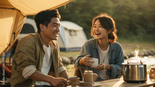 Asian couple camping cheerful in the morning
