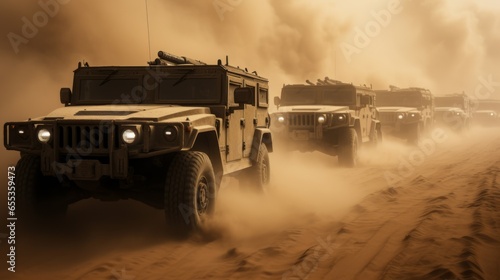 convoy of military black hummers drives through a desert storm