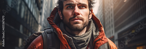 Close up portrait of male hiker during his hiking trip with backpack