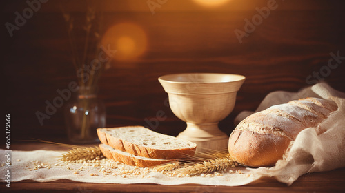 A communion table with a chalice and bread, spiritual practices of Christians, bokeh