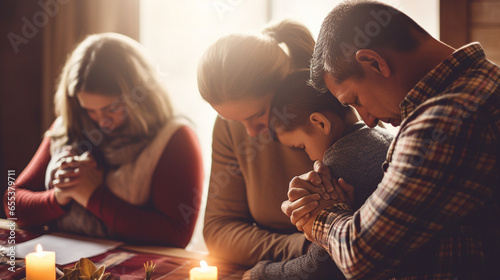 A family praying together at home with a gentle bokeh effect, spiritual practices of Christians, bokeh