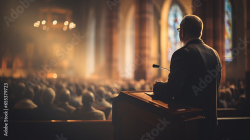 A pastor delivering a sermon with soft, diffused light in the church, spiritual practices of Christians, bokeh