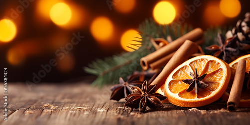 Traditional Christmas spices and dried orange slices on holiday bokeh background 