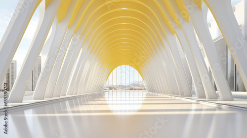 futuristic white and yellow tunnel arch-shaped, view of the sky at the end of the hall, empty original subway design, bright and clean interior background