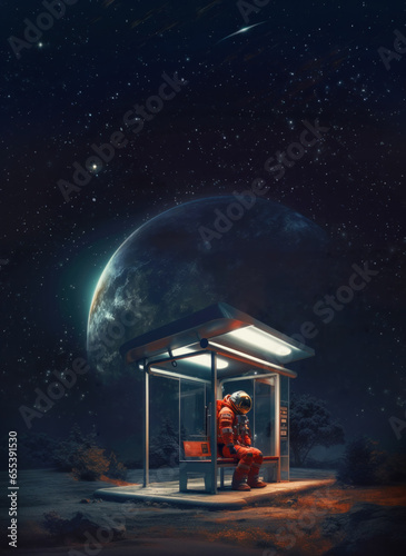 Interstellar traveller awaiting a bus under unfamiliar night sky of alien planet, sci-fi concept