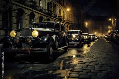 Cars in the 1930s parked in the street.