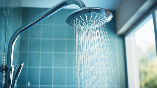 Water saving bathroom fixtures concept, close-up of shower head with clean water streaming out, drops and splashes.