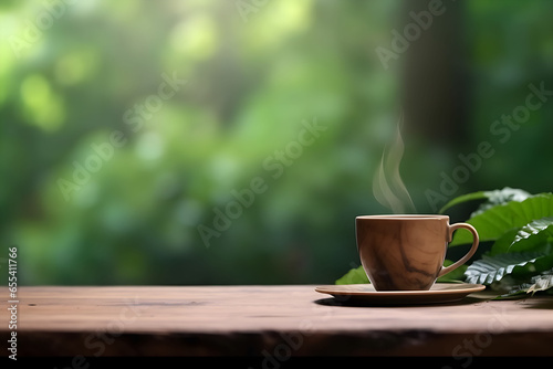 Cup of coffee on wooden table, space for text. Background with nature out of focus