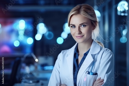 Portrait of pretty women doctor working in modern looking hospital. Generative Ai.