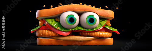 Banner with super sandwich. Toast bread stuffed with lettuce, tomato, meat, cheese, mustard on a dark background. Header panorama for website, advert, children's menu, signboard, eatery.Toast bread st