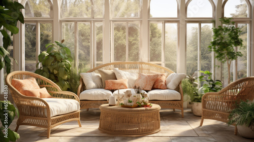 A sunroom with wicker furniture, indoor plants, and a view of the garden