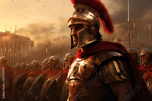 Roman centurion with Roman soldiers and smoke in the background