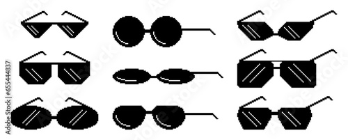 Pixel Sunglasses Icons Set, Stylish And Minimalist Representations Of Eyewear , Characterized By Different Shapes