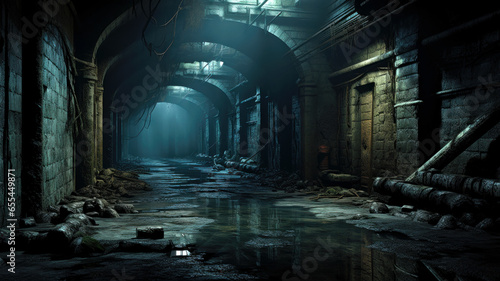 Old urban underground tunnel, abandoned dark scary passage like sewer