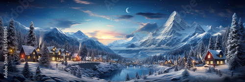 Panoramic view of village in winter, mountain landscape on Christmas