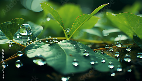 Fresh green leaf reflects vibrant nature beauty in dewdrop generated by AI