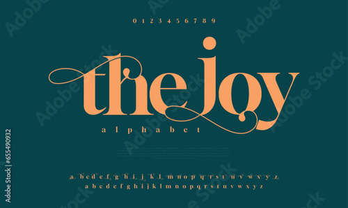 Thejoy premium luxury elegant alphabet letters and numbers. Elegant wedding typography classic serif font decorative vintage retro. Creative vector illustration