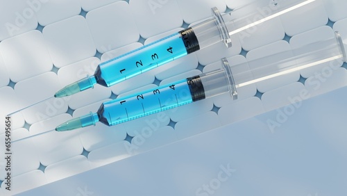 modern view of two medical syringe with blue liquid inside of it 3d rendering