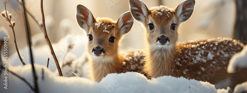 Two Adorable Fawn Deer in The Wintery Wilderness. Generative AI.