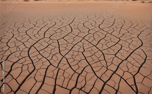 Parched desert ground with intricate cracks and textures at sunset from Generative AI