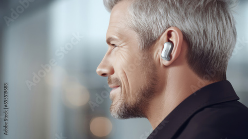 A person with a hearing impairment wearing sleek and discreet hearing aids, enhancing their ability to communicate and hear the world around them