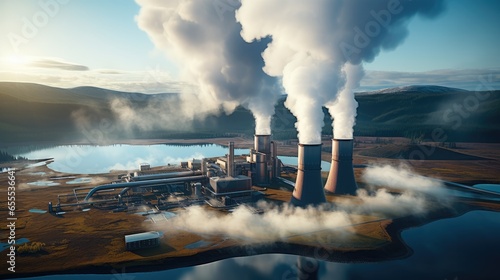 Geothermal power plant station, Emitting steam instead of pollutants, Save the environment, Geothermal energy showcase the power of the earth's natural heat.