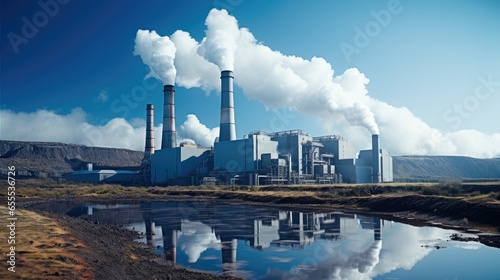 Chimneys with smoke from energy at geothermal Power Plant.