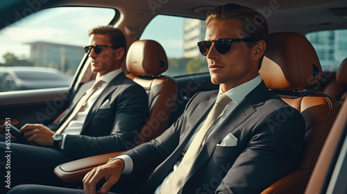 Two confident businessman travelling in a modern car.