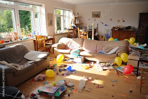 After party chaos, messy in living room