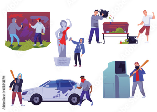 Vandals and hooligans damaging public property, set of flat vector illustrations isolated on white background.