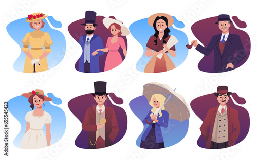 Vector cartoon men, women in classic Victorian style costumes, aristocratic vintage clothing in a gradient frame