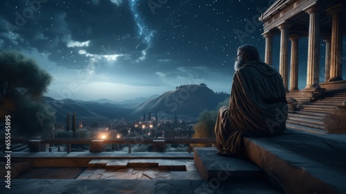 Ancient Greek Philosopher Watching The Stars near a Greek Temple