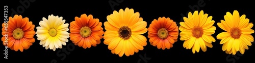 A collection of yellow and orange daisy flower heads isolated against a flat background, Generative AI