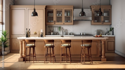 Kitchen island in modern luxurious kitchen interior with wooden cabinets