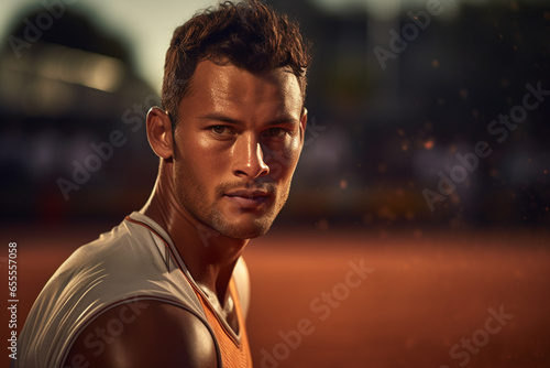 Male tennis player competing in tennis court