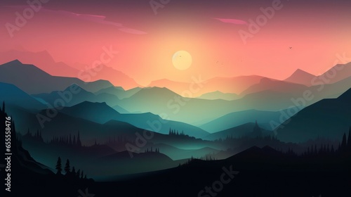 Picturesque depiction of mountains and river at sunset