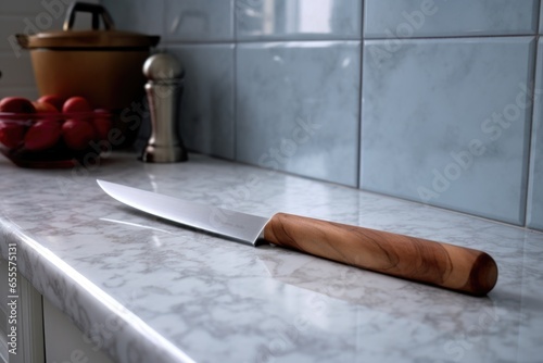 a knife lodged in a wooden chopping board on a marble kitchen counter