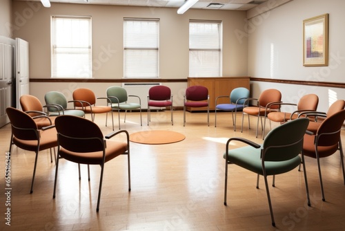 empty group therapy room with chairs in a circle