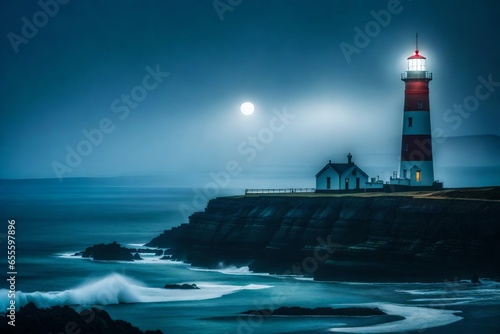 A single lighthouse stands tall on a rocky shore, its beacon piercing the cloudy night. 