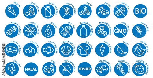 Dietary restrictions icon set with elements such as vegan, vegetarian, keto, gluten free, dairy free, sugar free etc, round blue vector icons. 