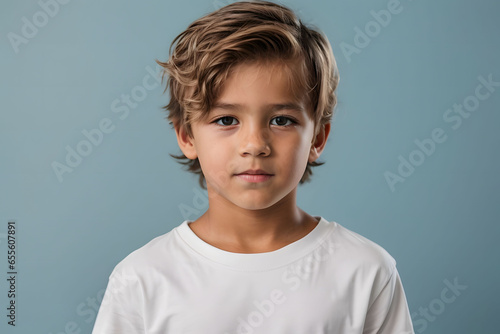 Male child, boy wearing bella canvas white shirt mockup, at blue background. Design tshirt template, print presentation mock-up