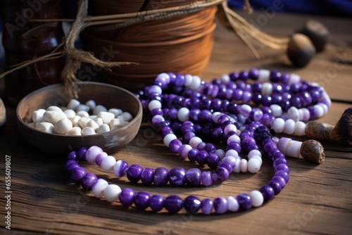 wampum beads on a wooden surface