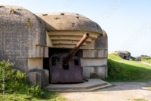 Two bunkers holding each a 150 mm gun in the Longues-sur-Mer battery in Normandy, France, a WWII German coastal artillery battery part of the Atlantic Wall fortifications.