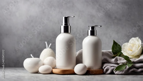 White pump bottles of cosmetics on a gray background. Bath accessories for body care, spa skin care concept