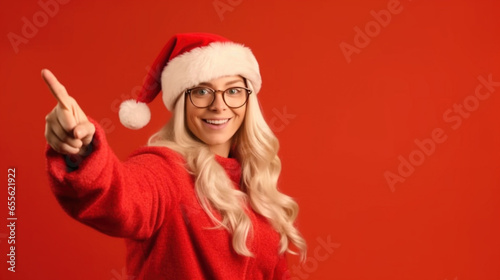 wesoła młoda blond dziewczyna w stroju Świętego Mikołaja, w czerwonej bluzie wskazująca palcem na czerwonym tle, young blond girl in Santa Claus costume, pointing finger - AI Generated