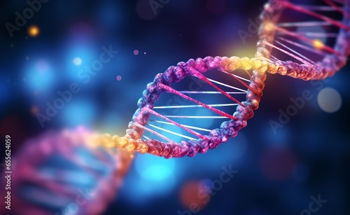 DNA structure with glow. DNA helix colorful genes chromosomes. Blurred background. 