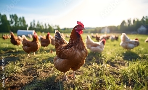 Hen with chickens outdoors on a pasture in the sun. Organic poultry farm. nature farming.