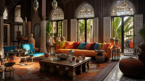 Beautiful Moroccan Living Room, Mosaic tiles, Colorful Textiles, Carved Wooden Furniture